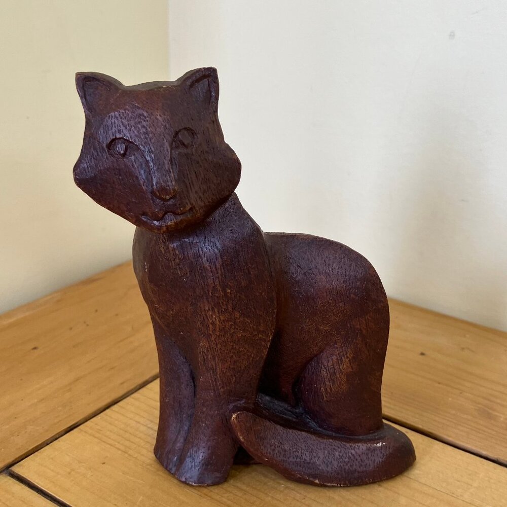 Primitive Cat Figurine Wood-look Brown Resin Statue 5" Tall